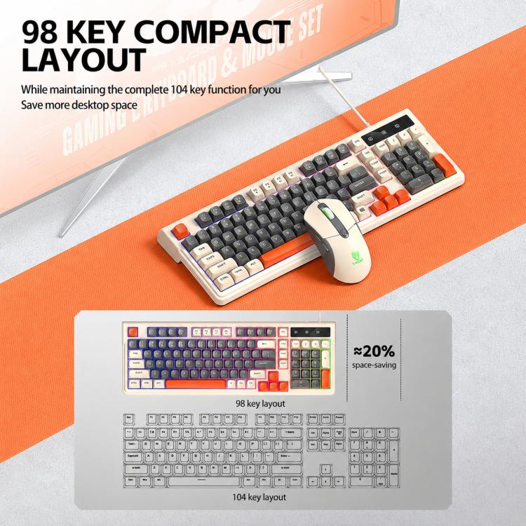 T-WOLF TF330 Wired Keyboard And Mouse Combo 3-Color Block Retro Gaming Keyboard With 98-Key Compact Layout, RGB Backlit