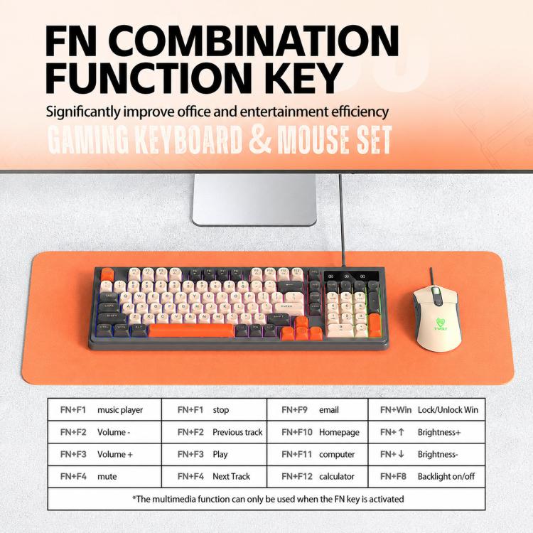 T-WOLF TF330 Wired Keyboard And Mouse Combo 3-Color Block Retro Gaming Keyboard With 98-Key Compact Layout, RGB Backlit