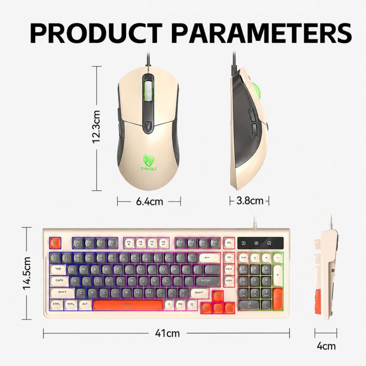 T-WOLF TF330 Wired Keyboard And Mouse Combo 3-Color Block Retro Gaming Keyboard With 98-Key Compact Layout, RGB Backlit