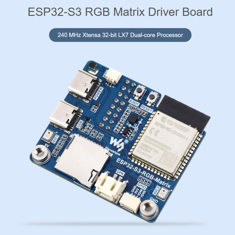 Scheda driver Waveshare ESP32-S3 RGB Matrix con array di doppi microfoni integrati, supporto Wi-Fi a 2,4 GHz e Bluetooth 5, ESP32-S3 RGB Matrix
