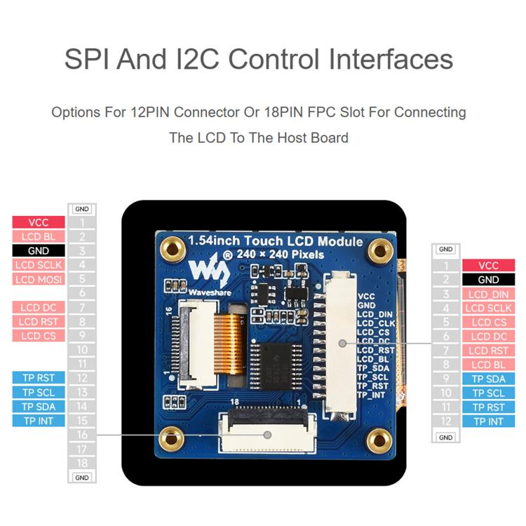 Modulo display LCD touch da 1,54 pollici Waveshare con risoluzione 240×240, pannello IPS e interfacce di comunicazione SPI e I2C., 34370