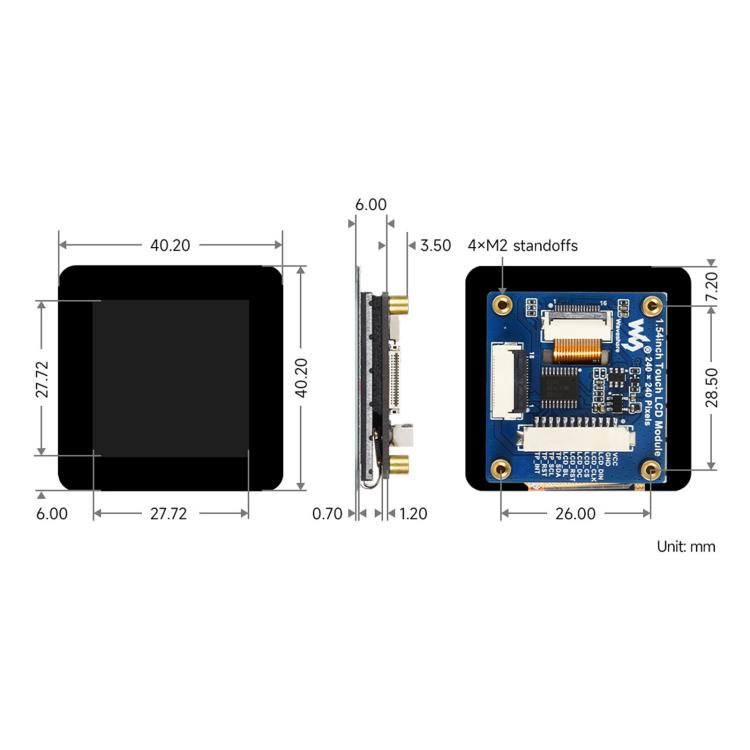 Modulo display LCD touch da 1,54 pollici Waveshare con risoluzione 240×240, pannello IPS e interfacce di comunicazione SPI e I2C., 34370