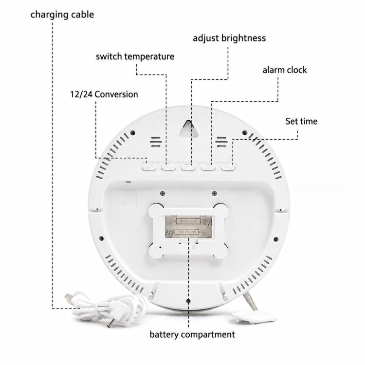 Sveglia digitale a LED da 8,3 pollici con luminosità regolabile, indicazione di temperatura, data, giorno della settimana e doppia sveglia.