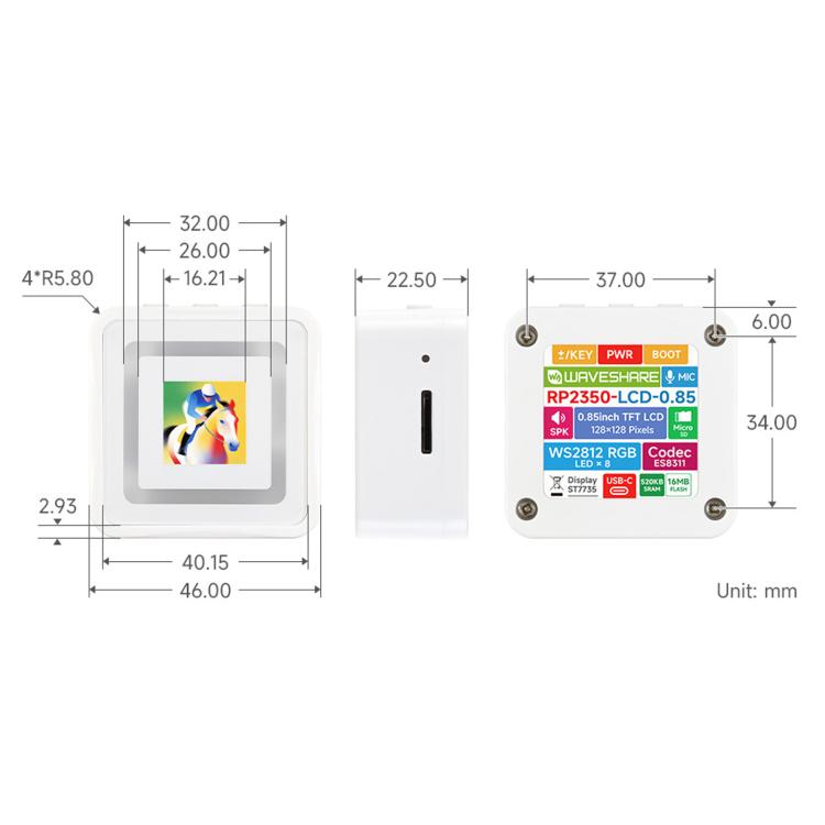 Scheda di sviluppo per display LCD Waveshare 34441 RP2350 da 0,85 pollici, risoluzione 128 × 128, 65.000 colori, pannello IPS. Batteria non inclusa., 34441