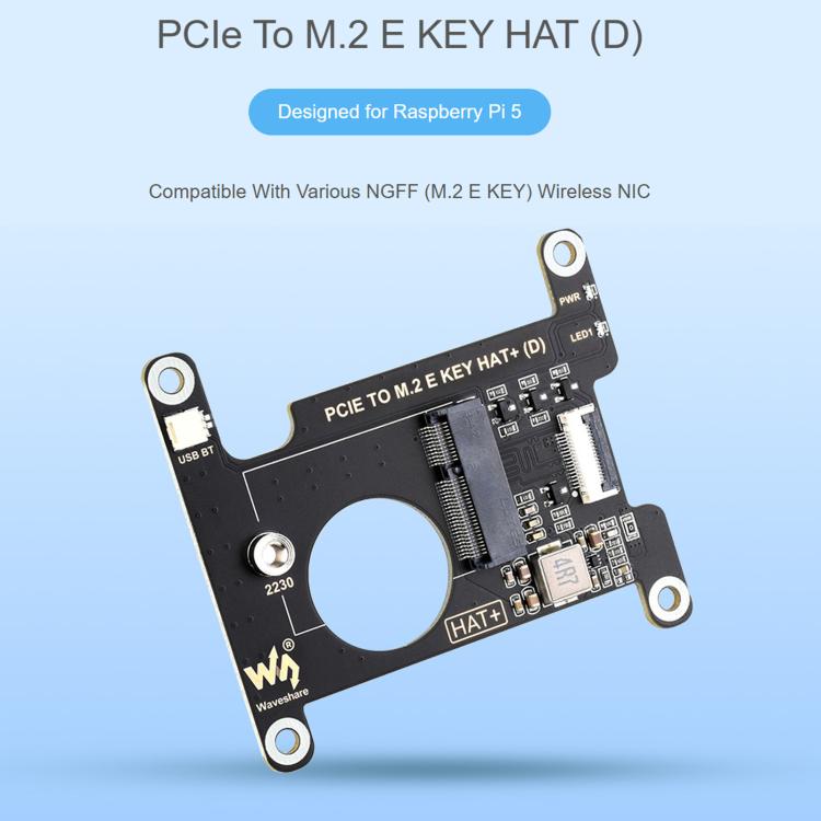 Waveshare 33828 PCIe To M.2 E KEY HAT per Raspberry Pi 5, compatibile con varie schede di rete wireless NGFF, supporta connessioni USB e Bluetooth., 33828