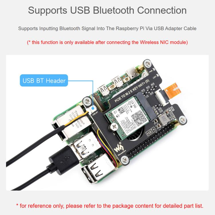Waveshare 33828 PCIe To M.2 E KEY HAT per Raspberry Pi 5, compatibile con varie schede di rete wireless NGFF, supporta connessioni USB e Bluetooth., 33828