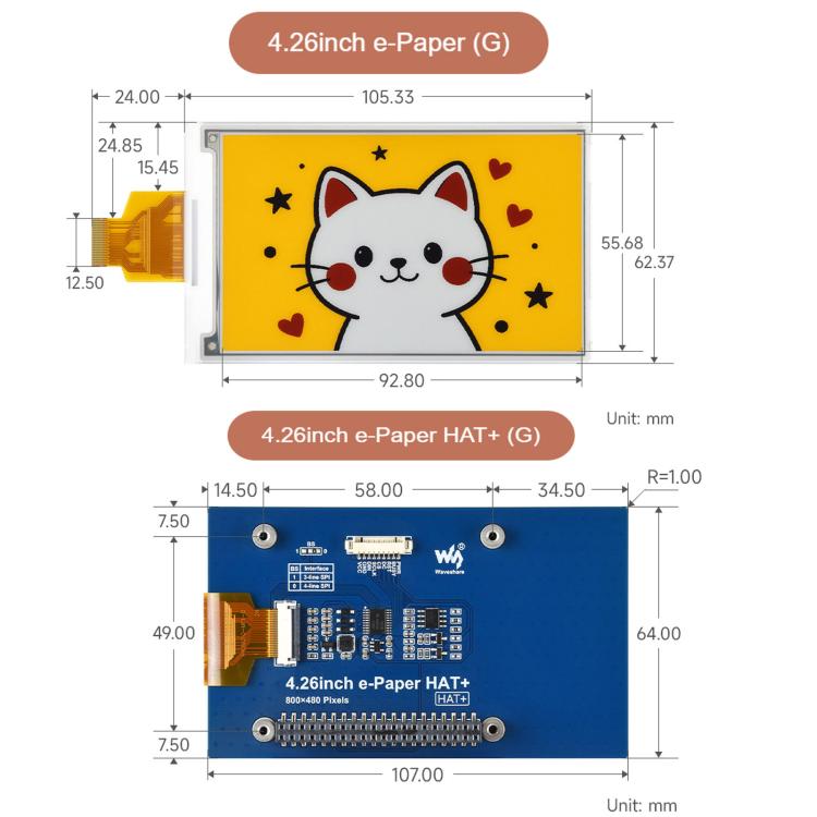 Display e-paper Waveshare da 4,26 pollici con risoluzione 800 × 480, colori rosso/giallo/nero/bianco., The Raw Display Only, With Driver Board