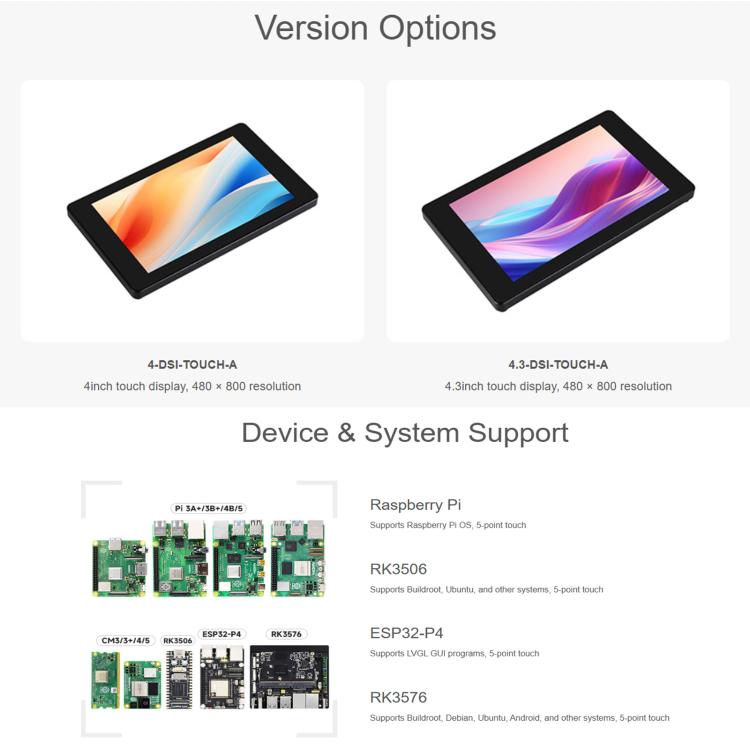 Display touch capacitivo DSI con risoluzione 480 × 800 e pannello IPS., Waveshare 4inch, Waveshare 4.3inch