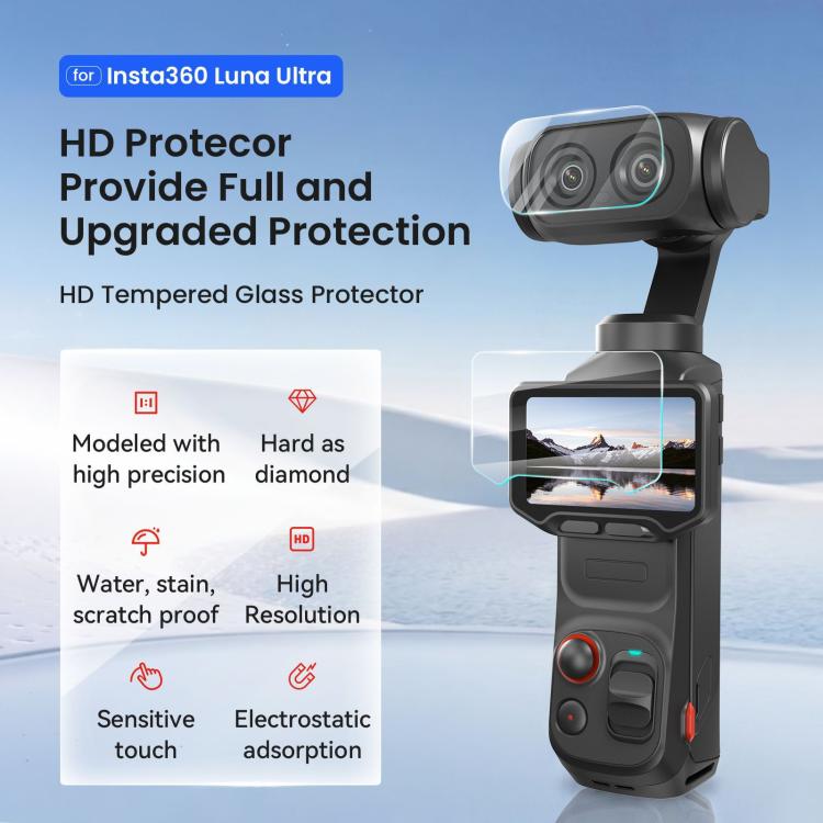 Pellicola protettiva in vetro temperato 9H per Insta360 Luna Ultra aMaginsn, per schermo e obiettivo., 1+1 Pack, 2+2 Pack