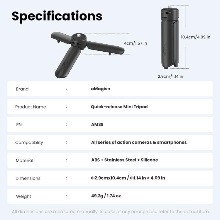Mini treppiede aMagisn con apertura a un tocco, 2 in 1, tascabile, impugnatura portatile con vite da 1/4 di pollice per la maggior parte delle action camera.
