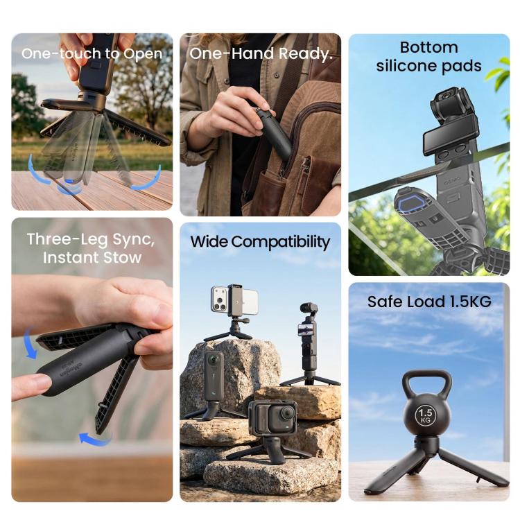Mini treppiede aMagisn con apertura a un tocco, 2 in 1, tascabile, impugnatura portatile con vite da 1/4 di pollice per la maggior parte delle action camera.
