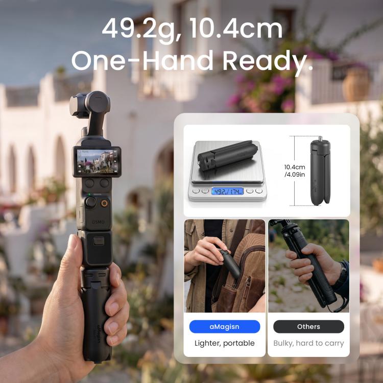 Mini treppiede aMagisn con apertura a un tocco, 2 in 1, tascabile, impugnatura portatile con vite da 1/4 di pollice per la maggior parte delle action camera.