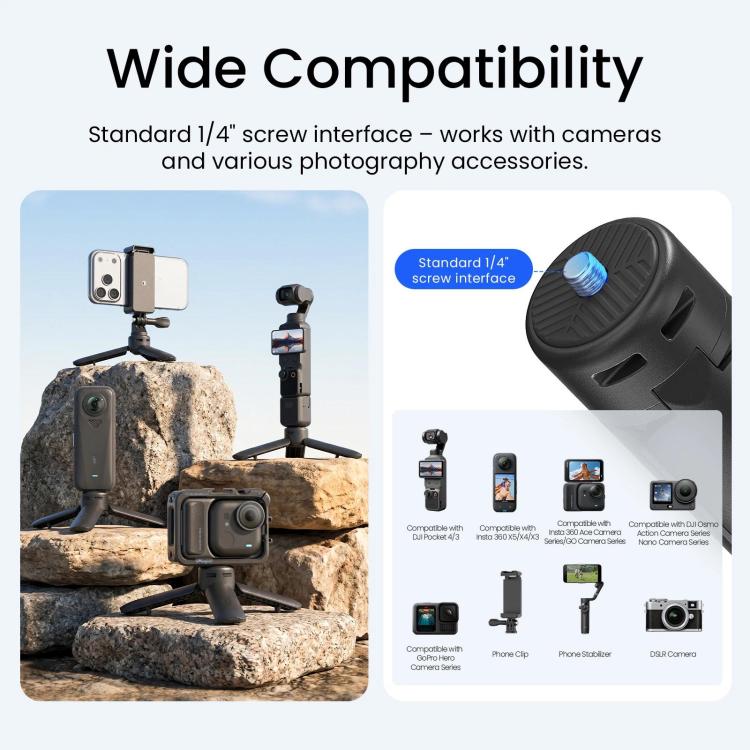 Mini treppiede aMagisn con apertura a un tocco, 2 in 1, tascabile, impugnatura portatile con vite da 1/4 di pollice per la maggior parte delle action camera.