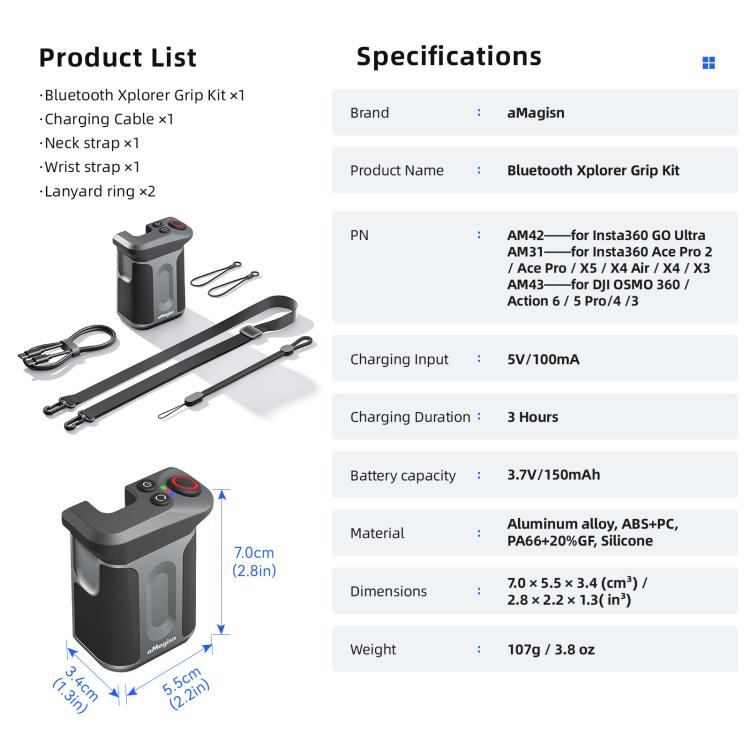 Kit di impugnatura Amazon Bluetooth Explorer, For Insta360 Ace Pro 2 / Ace Pro / X5, For Insta360 GO Ultra