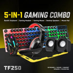 Pacchetto gaming T-WOLF 5 in 1 che include tastiera retroilluminata, mouse cablato, cuffie, altoparlanti e tappetino per mouse.