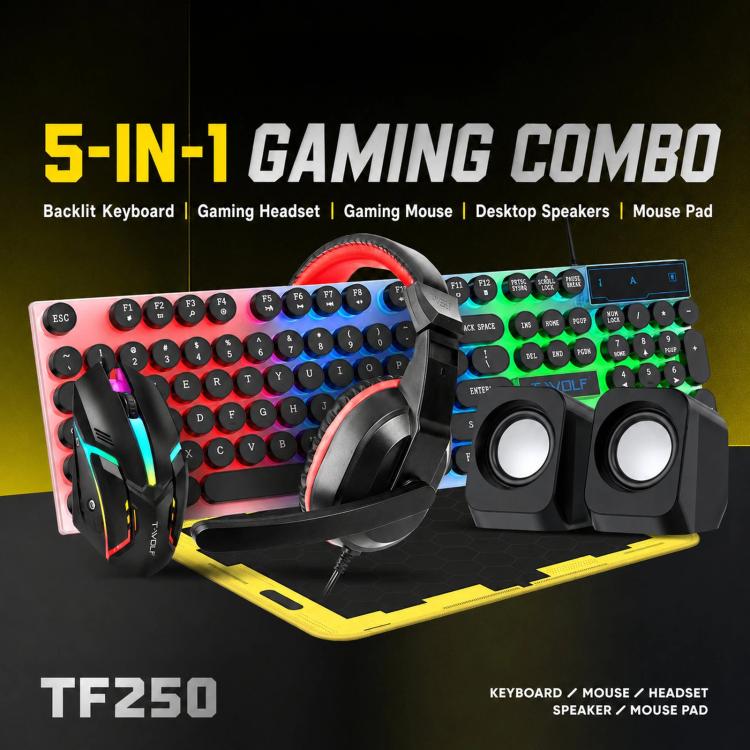Pacchetto gaming T-WOLF 5 in 1 che include tastiera retroilluminata, mouse cablato, cuffie, altoparlanti e tappetino per mouse.
