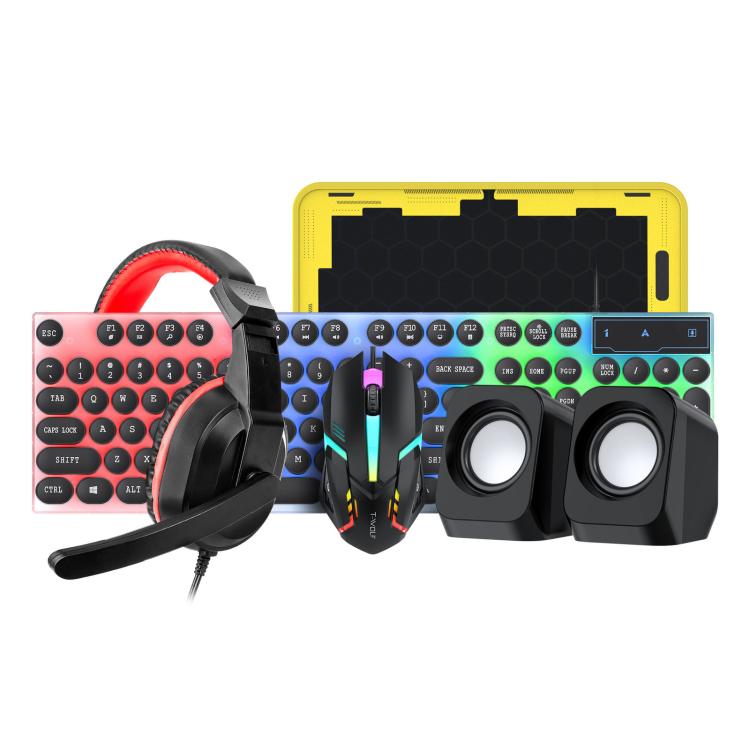Pacchetto gaming T-WOLF 5 in 1 che include tastiera retroilluminata, mouse cablato, cuffie, altoparlanti e tappetino per mouse.