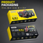 Pacchetto gaming T-WOLF 5 in 1 che include tastiera retroilluminata, mouse cablato, cuffie, altoparlanti e tappetino per mouse.