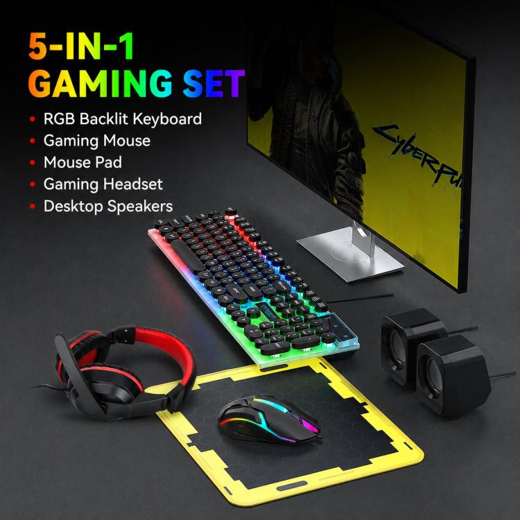 Pacchetto gaming T-WOLF 5 in 1 che include tastiera retroilluminata, mouse cablato, cuffie, altoparlanti e tappetino per mouse.