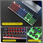 Pacchetto gaming T-WOLF 5 in 1 che include tastiera retroilluminata, mouse cablato, cuffie, altoparlanti e tappetino per mouse.