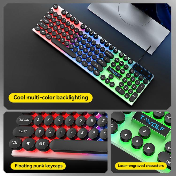 Pacchetto gaming T-WOLF 5 in 1 che include tastiera retroilluminata, mouse cablato, cuffie, altoparlanti e tappetino per mouse.