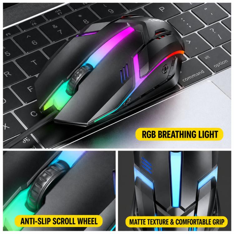 Pacchetto gaming T-WOLF 5 in 1 che include tastiera retroilluminata, mouse cablato, cuffie, altoparlanti e tappetino per mouse.