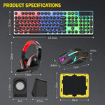 Pacchetto gaming T-WOLF 5 in 1 che include tastiera retroilluminata, mouse cablato, cuffie, altoparlanti e tappetino per mouse.