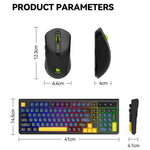 Combo tastiera e mouse wireless ricaricabile T-WOLF TF300, doppia modalità 2.4G/Bluetooth, tastiera compatta a 98 tasti con retroilluminazione a colori misti.