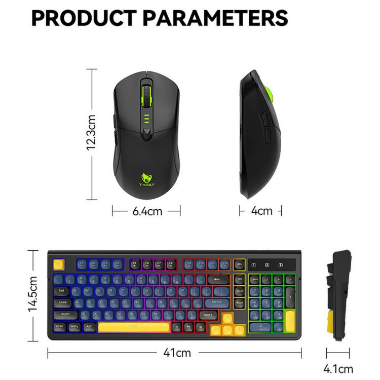 Combo tastiera e mouse wireless ricaricabile T-WOLF TF300, doppia modalità 2.4G/Bluetooth, tastiera compatta a 98 tasti con retroilluminazione a colori misti.