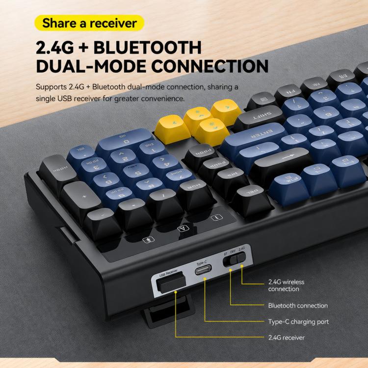 Combo tastiera e mouse wireless ricaricabile T-WOLF TF300, doppia modalità 2.4G/Bluetooth, tastiera compatta a 98 tasti con retroilluminazione a colori misti.