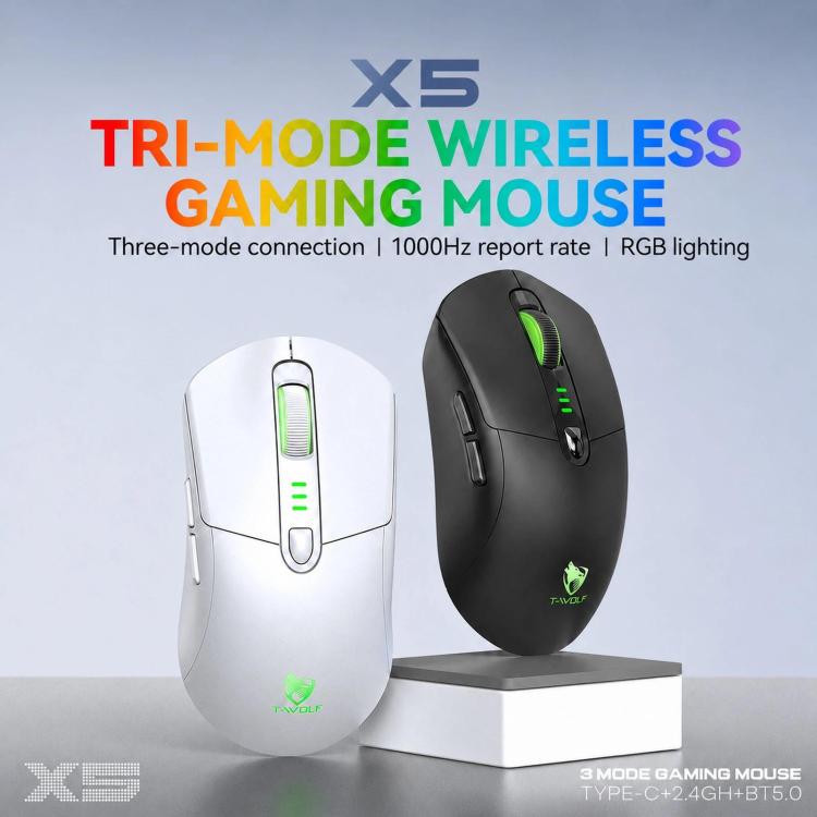 Mouse da gioco wireless T-WOLF X5 Tri-Mode con DPI regolabile a 12800, ricaricabile e retroilluminazione RGB.