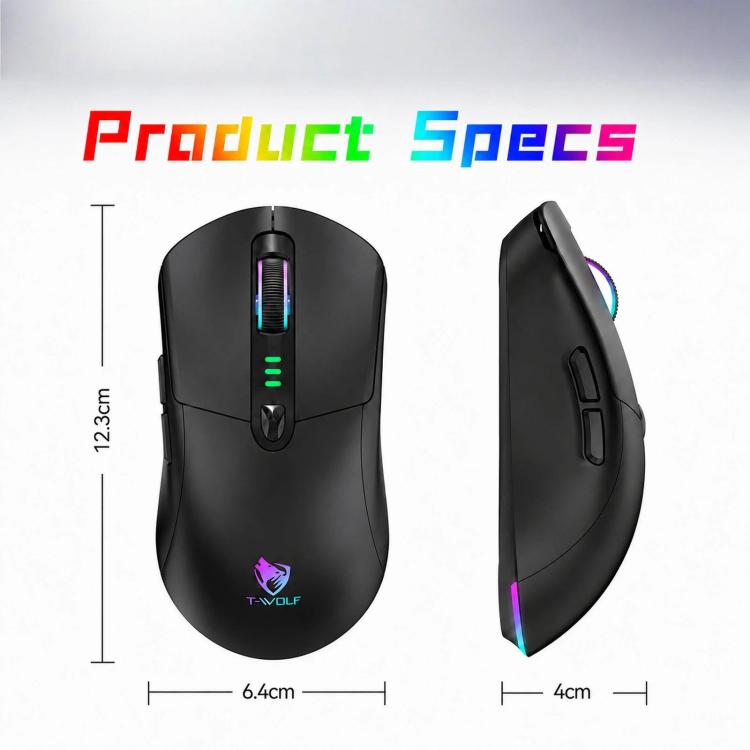 Mouse da gioco wireless T-WOLF X5 Tri-Mode con DPI regolabile a 12800, ricaricabile e retroilluminazione RGB.