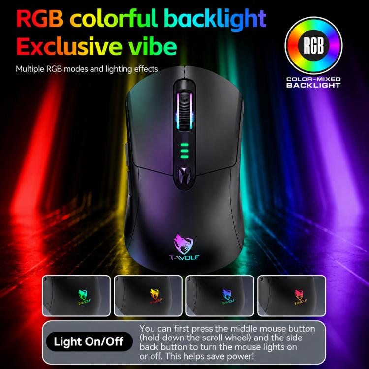 Mouse da gioco wireless T-WOLF X5 Tri-Mode con DPI regolabile a 12800, ricaricabile e retroilluminazione RGB.