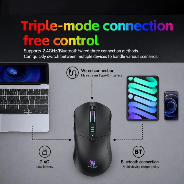 Mouse da gioco wireless T-WOLF X5 Tri-Mode con DPI regolabile a 12800, ricaricabile e retroilluminazione RGB.