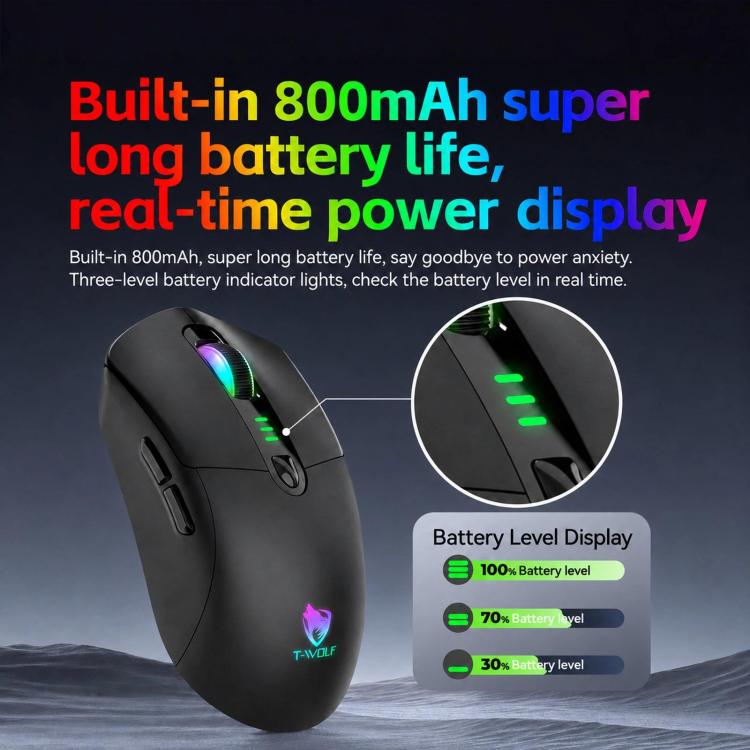 Mouse da gioco wireless T-WOLF X5 Tri-Mode con DPI regolabile a 12800, ricaricabile e retroilluminazione RGB.