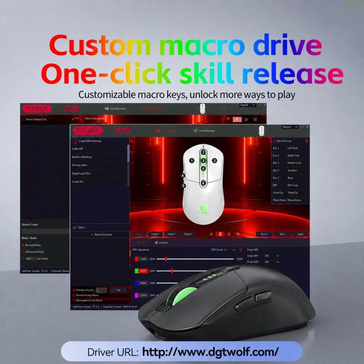 Mouse da gioco wireless T-WOLF X5 Tri-Mode con DPI regolabile a 12800, ricaricabile e retroilluminazione RGB.