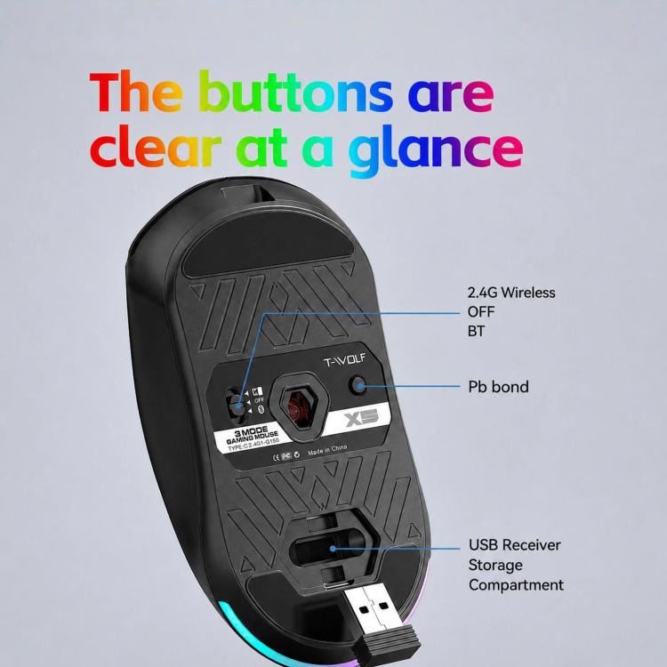 Mouse da gioco wireless T-WOLF X5 Tri-Mode con DPI regolabile a 12800, ricaricabile e retroilluminazione RGB.