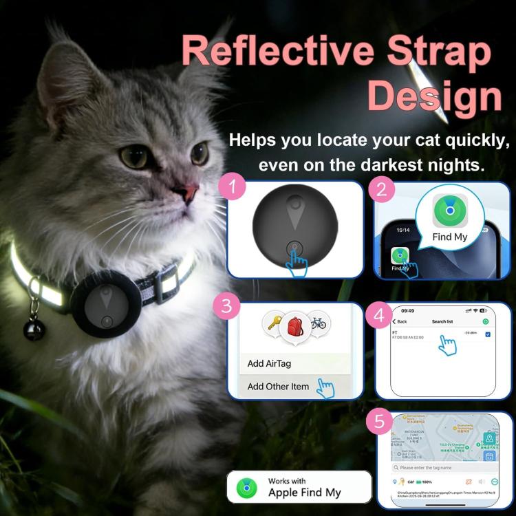 Collare di localizzazione per gatti compatibile con Apple Trova il Mio, localizzatore GPS riflettente per animali domestici con fibbia di sicurezza a sgancio rapido e campanellino.