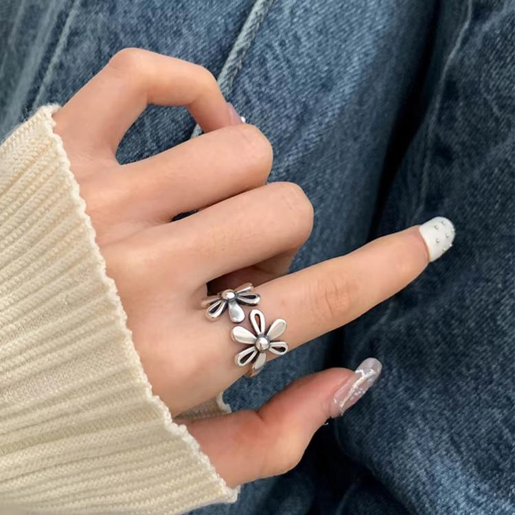 Anelli aperti regolabili in argento sterling 925 con fiore di margherita vintage, gioielli retrò da dito, J2482