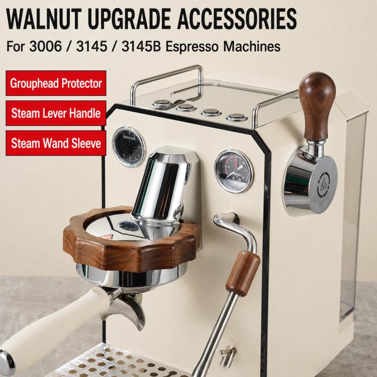 Accessori di modifica in legno di noce per macchine da caffè espresso Gemilai 3006/3145/3145B, Anti-Scald Ring, Steam Lever Knob, Steam Wand Sleeve, 2-Piece Set, 3-Piece Set