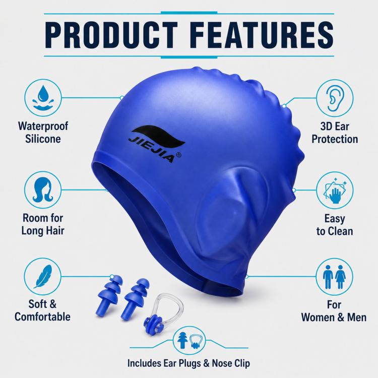 Cuffia da nuoto JIEJIA in silicone con protezione per le orecchie, tappi auricolari e clip per il naso.