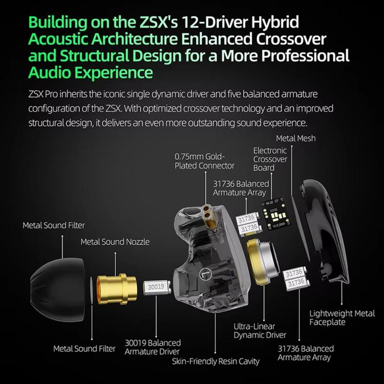 Cuffie KZ ZSX PRO con driver ibrido 5BA+1DD, cavo da 1,2 m, audio HiFi, ideali per sport e gaming, con cavo rimovibile., Standard, With Mic