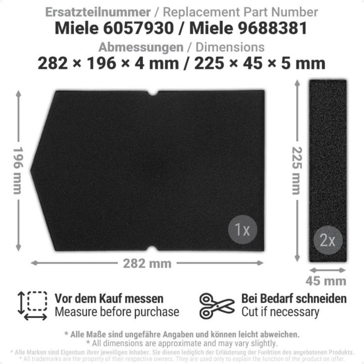 Set di filtri in schiuma per asciugatrici Miele, ricambio per i modelli 6057930 e 9688381., 6057930 & 9688381