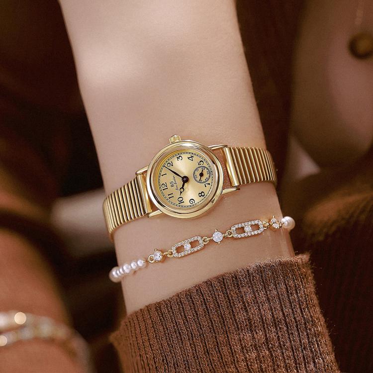 Orologio da donna vintage BS Bee Sister FA1870, piccolo e rotondo, con cinturino espandibile in stile bambù e quadrante dei piccoli secondi.