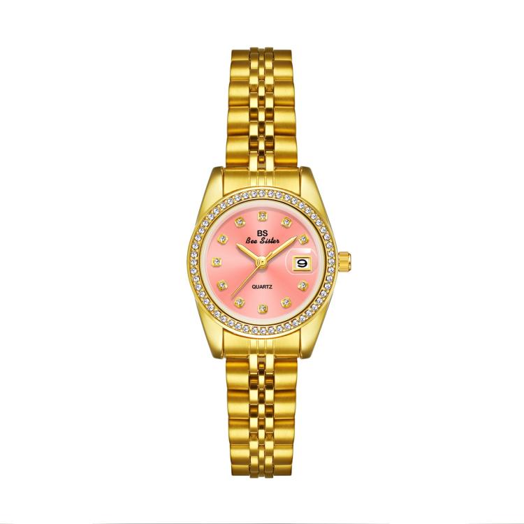 Orologio da polso analogico da donna BS Bee Sister FA1787 con cinturino in acciaio, lunetta con strass e datario.