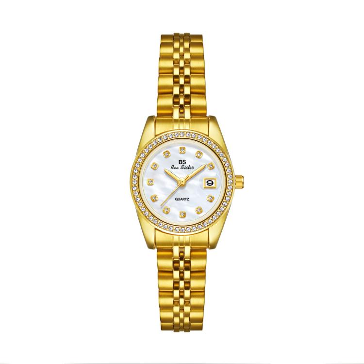 Orologio da polso analogico da donna BS Bee Sister FA1787 con cinturino in acciaio, lunetta con strass e datario.