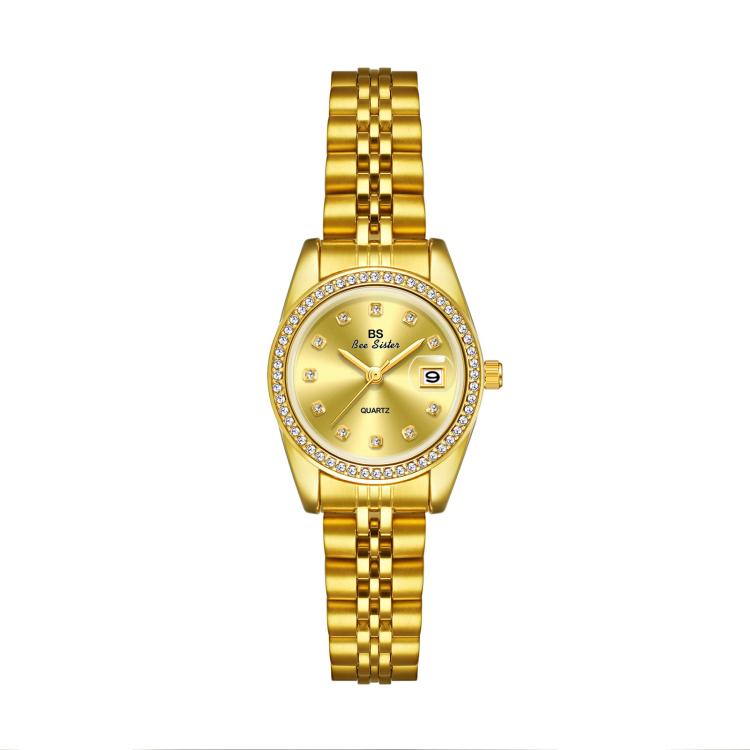 Orologio da polso analogico da donna BS Bee Sister FA1787 con cinturino in acciaio, lunetta con strass e datario.