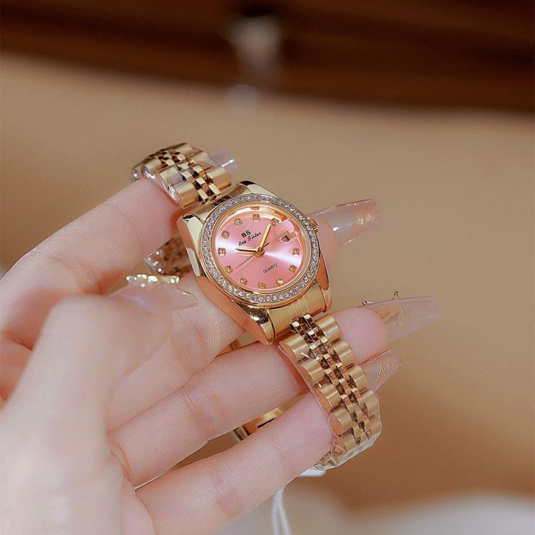 Orologio da polso analogico da donna BS Bee Sister FA1787 con cinturino in acciaio, lunetta con strass e datario.
