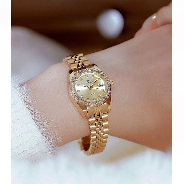 Orologio da polso analogico da donna BS Bee Sister FA1787 con cinturino in acciaio, lunetta con strass e datario.