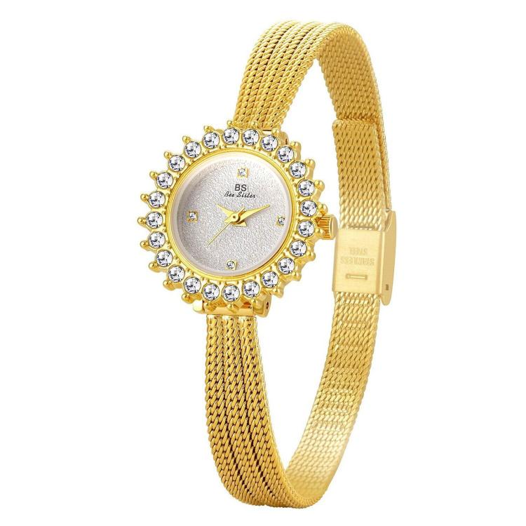 Orologio da polso analogico da donna BS Bee Sister FA1833 con bracciale, lunetta vintage con strass floreali e cinturino in maglia intrecciata.